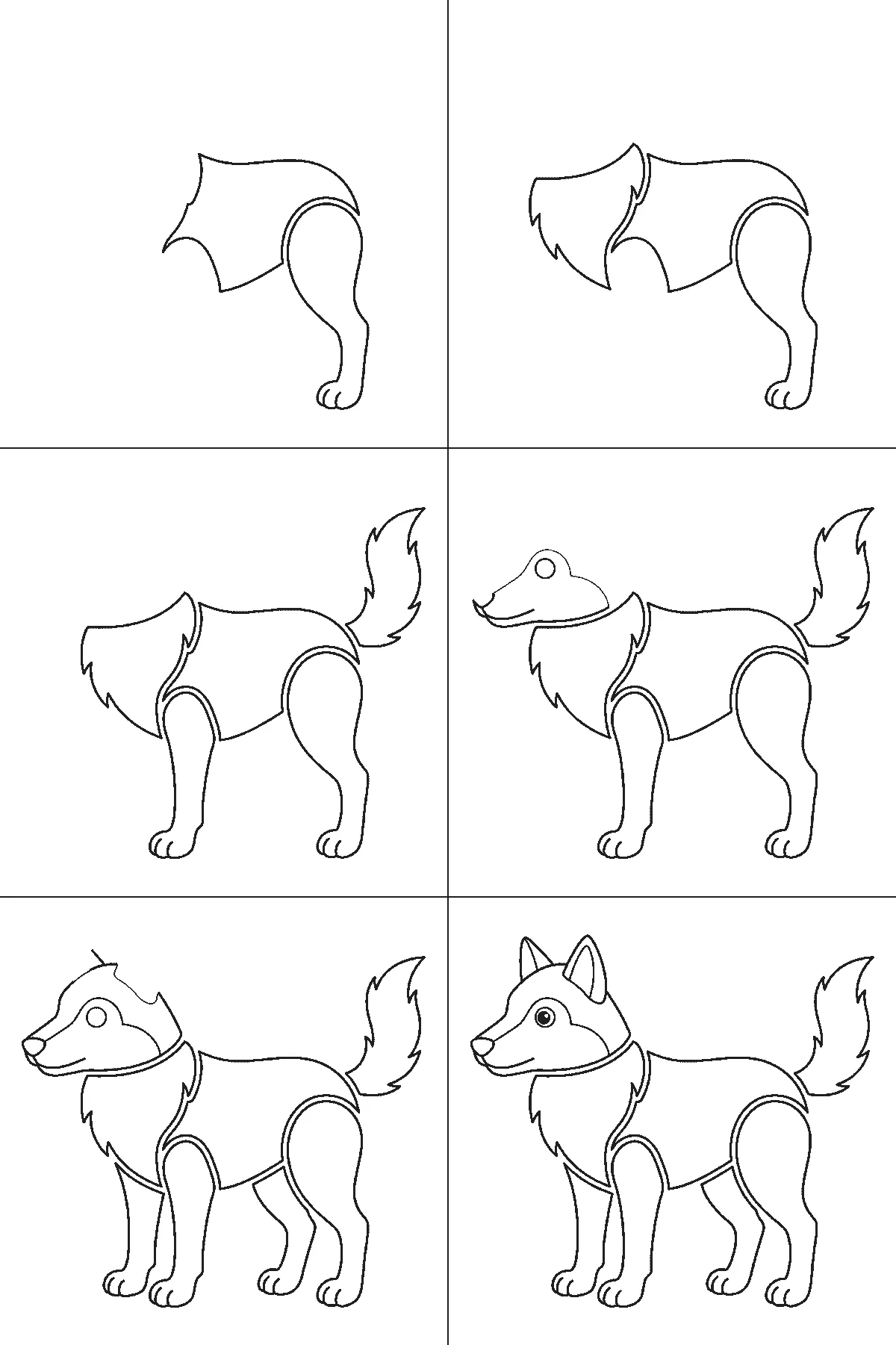 Schritt-für-Schritt-Blatt mit sechs nummerierten Feldern: ein stehender Wolf im Profil mit spitzer Schnauze, aufgestellten Ohren, Halskrause und dichter buschiger Rute. Jedes Feld übernimmt die Linien des vorherigen und fügt neue hinzu, schwarze Linien auf weißem Grund.