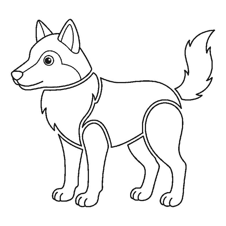 Schritt-für-Schritt-Blatt mit sechs nummerierten Feldern: ein stehender Wolf im Profil mit spitzer Schnauze, aufgestellten Ohren, Halskrause und dichter buschiger Rute. Jedes Feld übernimmt die Linien des vorherigen und fügt neue hinzu, schwarze Linien auf weißem Grund.
