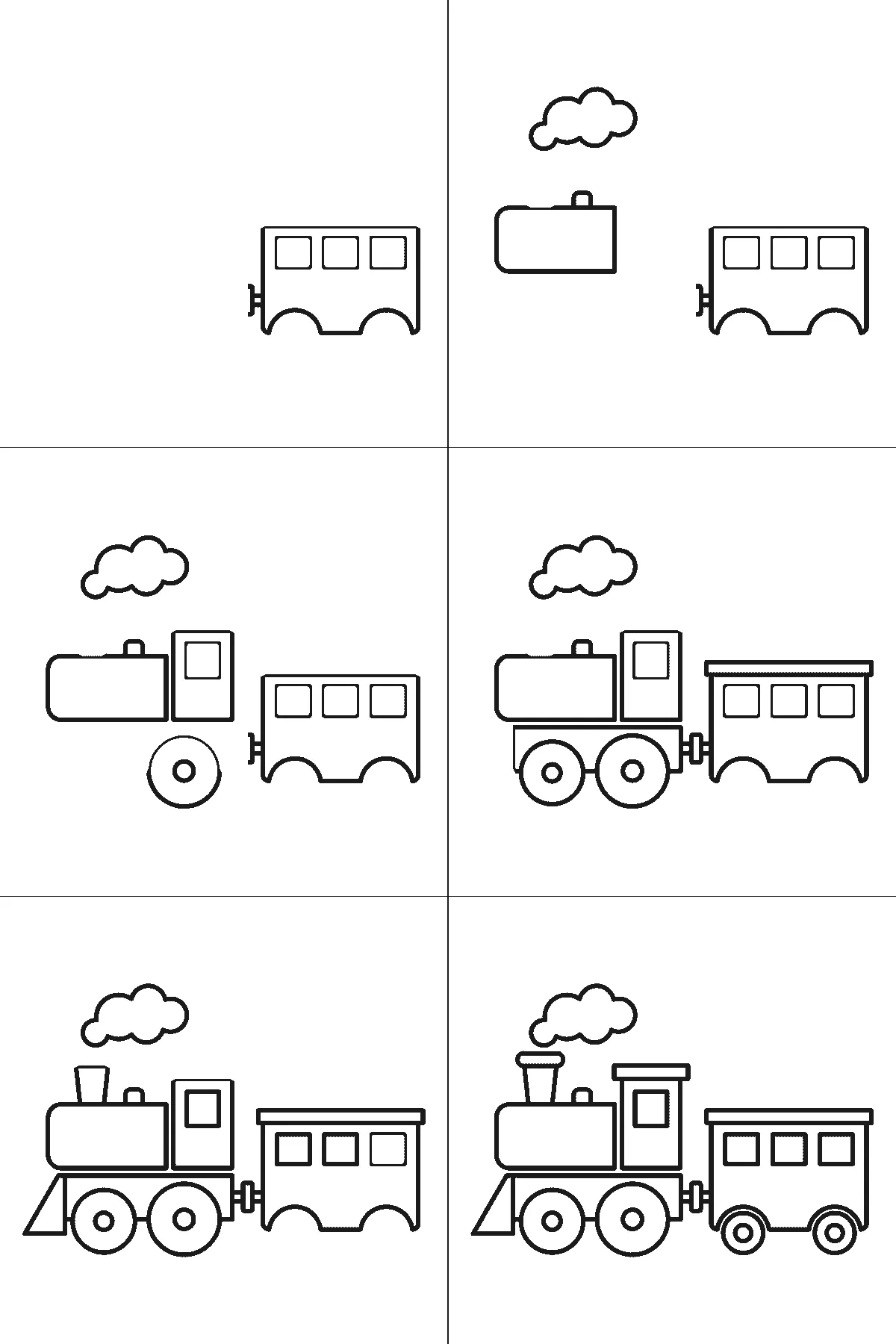 Schritt-für-Schritt-Blatt mit sechs nummerierten Feldern: eine Dampflok von der Seite mit Schornstein und Rauchwolke, Führerhaus mit Fenster, zwei großen Treibrädern und Kuhfänger, dahinter ein Wagen mit Fenstern und Rädern. Jedes Feld übernimmt die Linien des vorherigen und fügt neue hinzu, schwarze Linien auf weißem Grund.